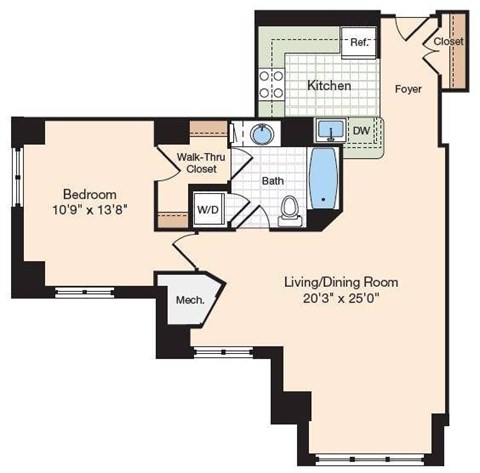 Floor plan for 1 bed, 1 bath, 792 sqft