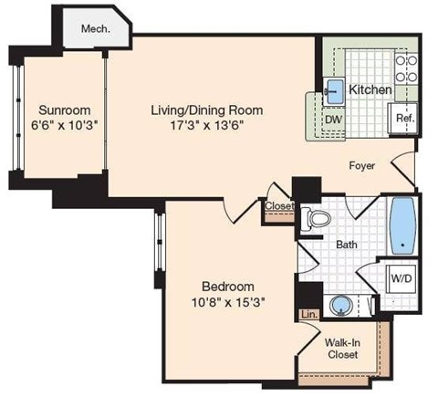 Floor plan for 1 bed, 1 bath, 813 sqft