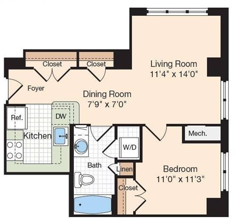 Floor plan for 1 bed, 1 bath, 627 sqft