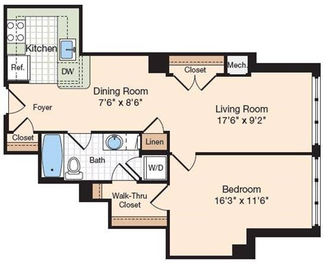 Floor plan for 1 bed, 1 bath, 733 sqft