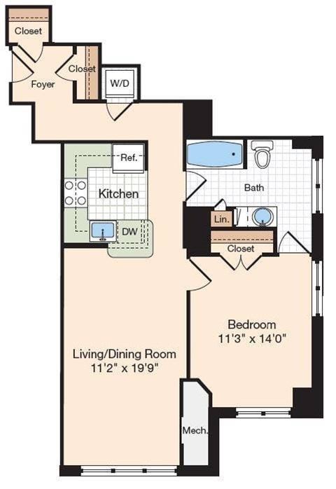 Floor plan for 1 bed, 1 bath, 627 sqft