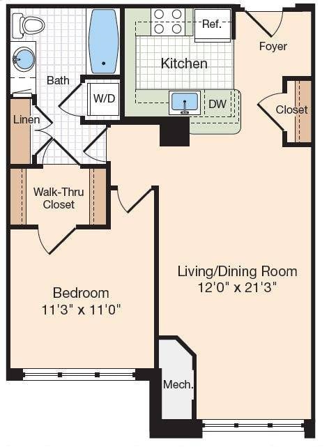 Floor plan for 1 bed, 1 bath, 757 sqft