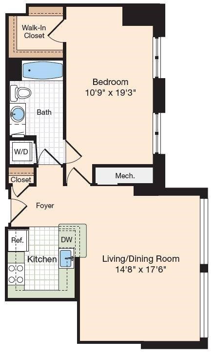 Floor plan for 1 bed, 1 bath, 848 sqft