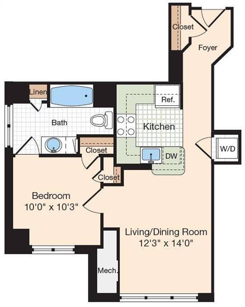Floor plan for 1 bed, 1 bath, 602 sqft