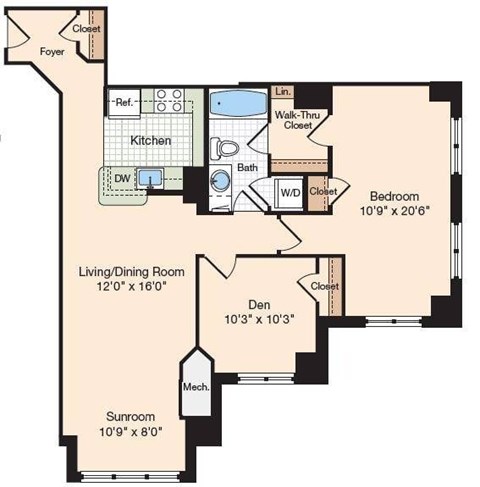 Floor plan for 1 bed, 1 bath, 1061 sqft