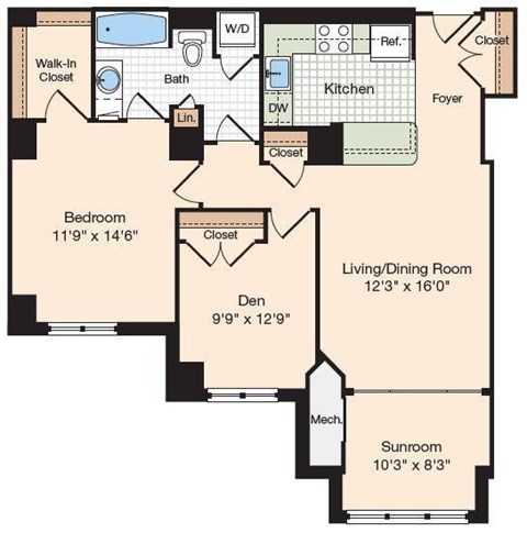 Floor plan for 1 bed, 1 bath, 1064 sqft