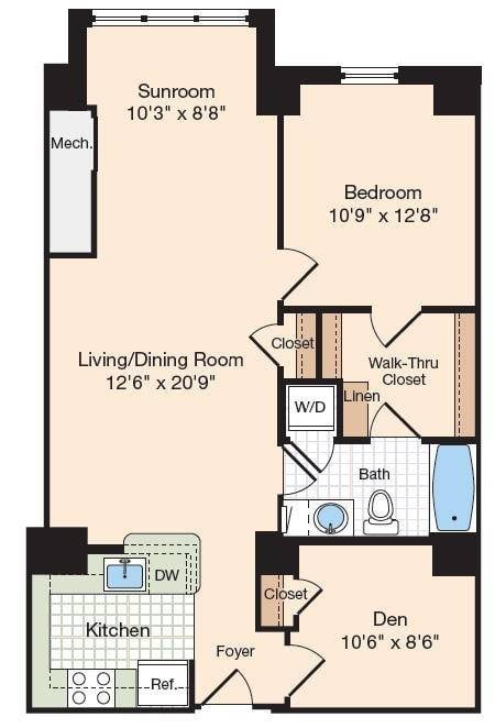 Floor plan for 1 bed, 1 bath, 943 sqft