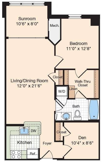 Floor plan for 1 bed, 1 bath, 912 sqft