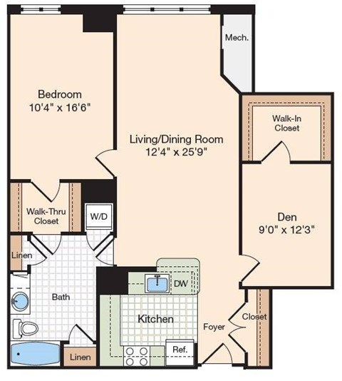 Floor plan for 1 bed, 1 bath, 1074 sqft