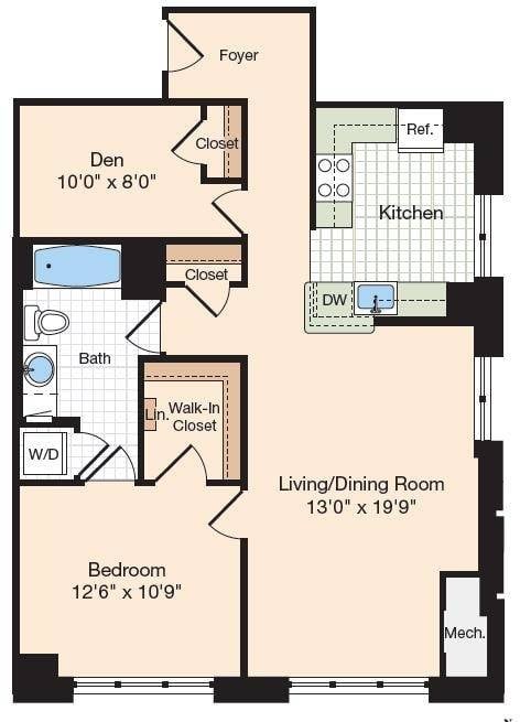 Floor plan for 1 bed, 1 bath, 965 sqft