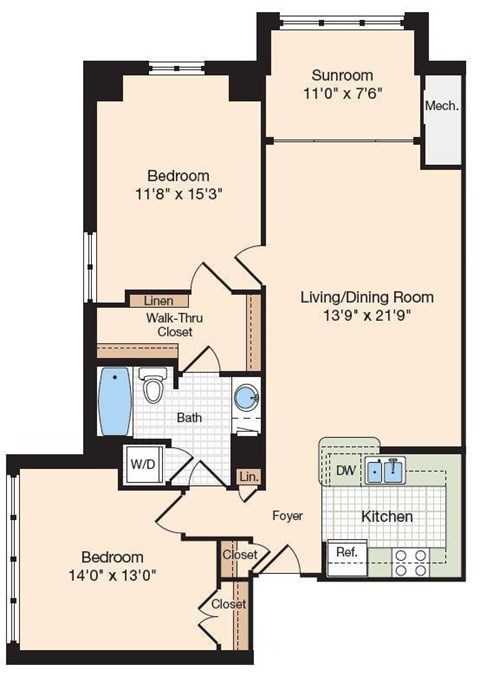 Floor plan for 1 bed, 1 bath, 1160 sqft