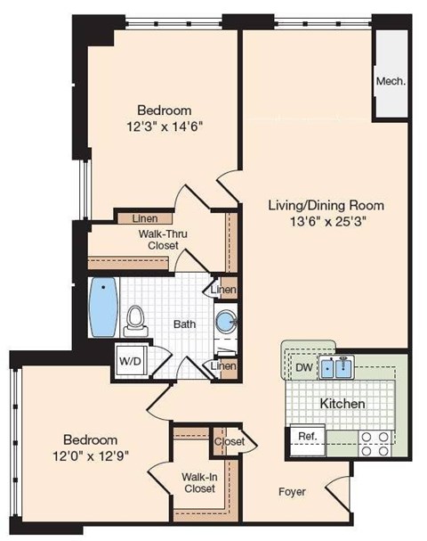Floor plan for 1 bed, 1 bath, 1160 sqft