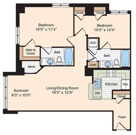 Floor plan for 2 beds, 2 baths, 1092 sqft