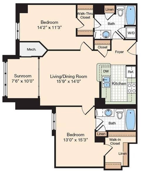 Floor plan for 2 beds, 2 baths, 1167 sqft