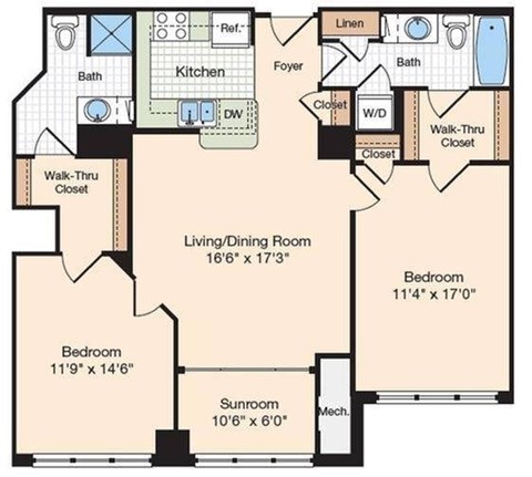 Floor plan for 2 beds, 2 baths, 1173 sqft