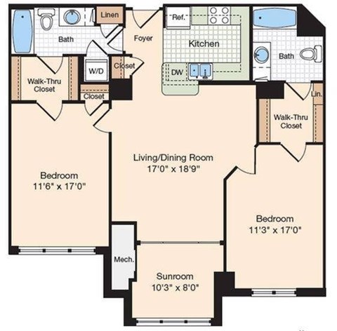 Floor plan for 2 beds, 2 baths, 1239 sqft