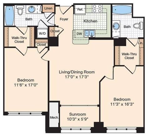 Floor plan for 2 beds, 2 baths, 1196 sqft