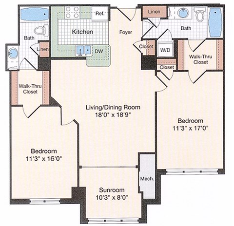 Floor plan for 2 beds, 2 baths, 1231 sqft