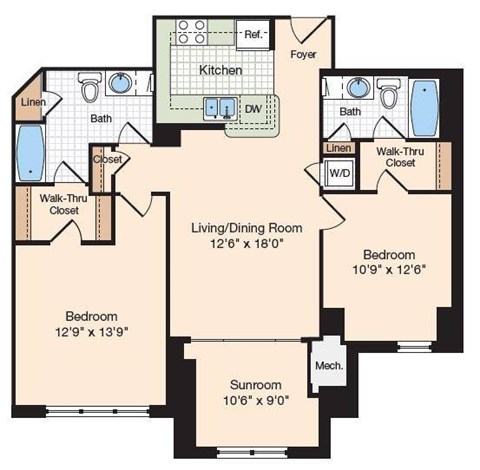 Floor plan for 2 beds, 2 baths, 1153 sqft