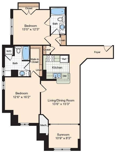 Floor plan for 2 beds, 2 baths, 1238 sqft