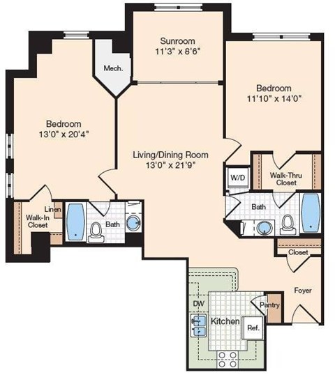Floor plan for 2 beds, 2 baths, 1333 sqft