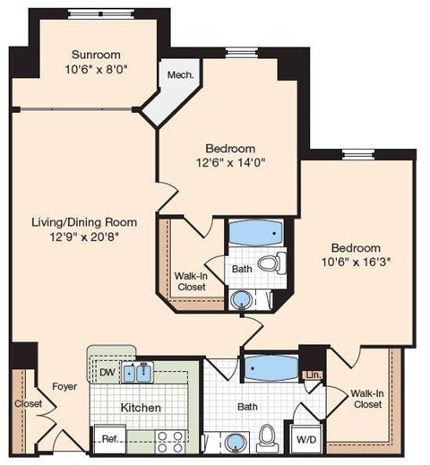 Floor plan for 2 beds, 2 baths, 1268 sqft