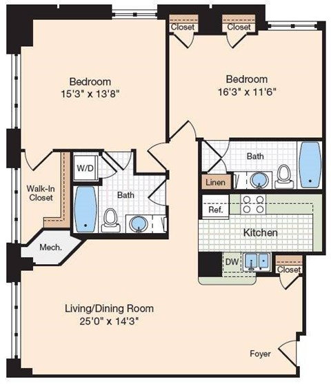 Floor plan for 2 beds, 2 baths, 1259 sqft