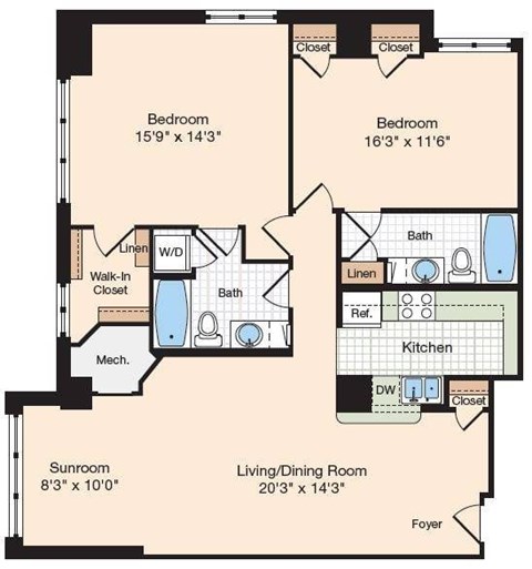 Floor plan for 2 beds, 2 baths, 1300 sqft
