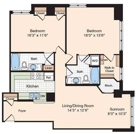 Floor plan for 2 beds, 2 baths, 1247 sqft