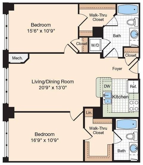 Floor plan for 2 beds, 2 baths, 1093 sqft