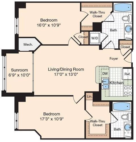 Floor plan for 2 beds, 2 baths, 1136 sqft