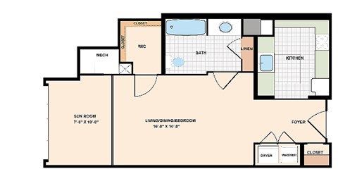 Floor plan for studio, 1 bath, 579 sqft
