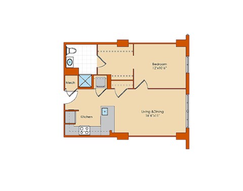 Floor plan for 1 bed, 1 bath, 652 sqft
