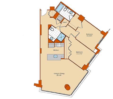 Floor plan for 2 beds, 2 baths, 1136 sqft