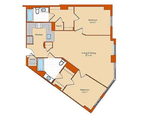 Floor plan for 2 beds, 2 baths, 1146 sqft