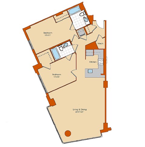 Floor plan for 2 beds, 2 baths, 1244 sqft