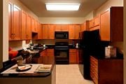 Arlington apartment for rent - A kitchen with wooden cabinets and black appliances.
