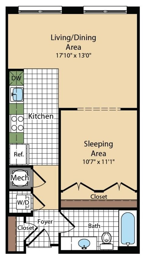 Floor plan for studio, 1 bath, 615 sqft