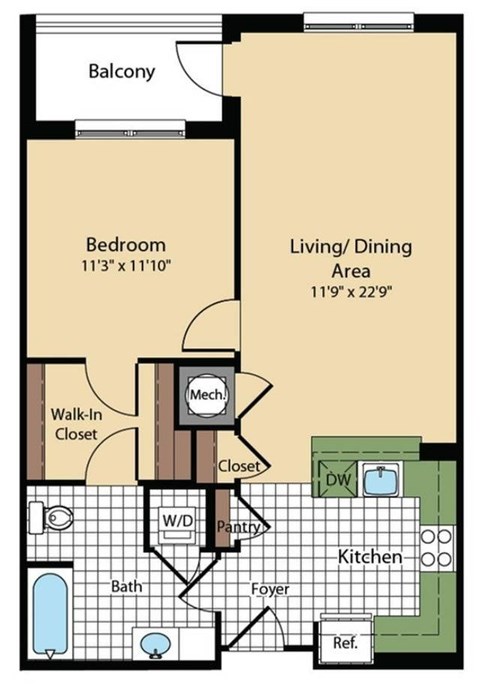 Floor plan for 1 bed, 1 bath, 769 sqft