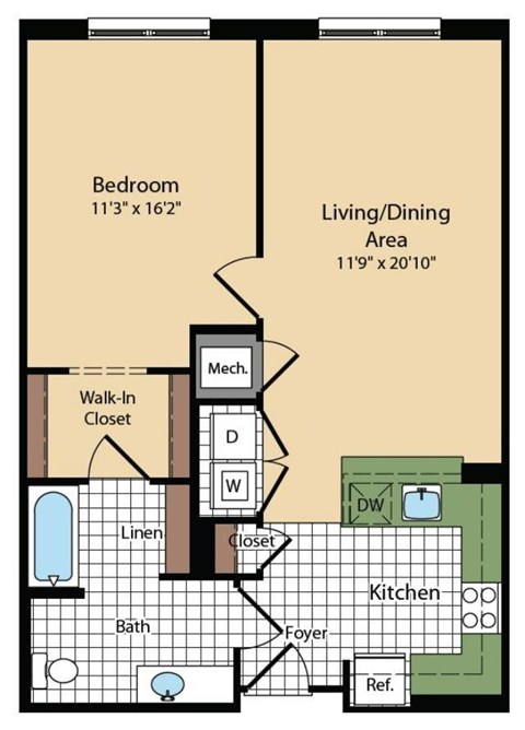 Floor plan for 1 bed, 1 bath, 796 sqft