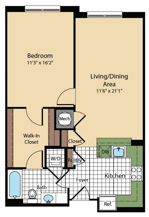 Floor plan for 1 bed, 1 bath, 790 sqft