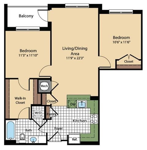 Floor plan for 2 beds, 1 bath, 927 sqft