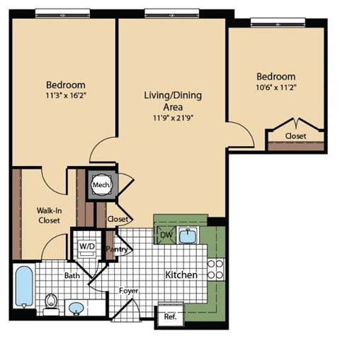 Floor plan for 2 beds, 1 bath, 966 sqft