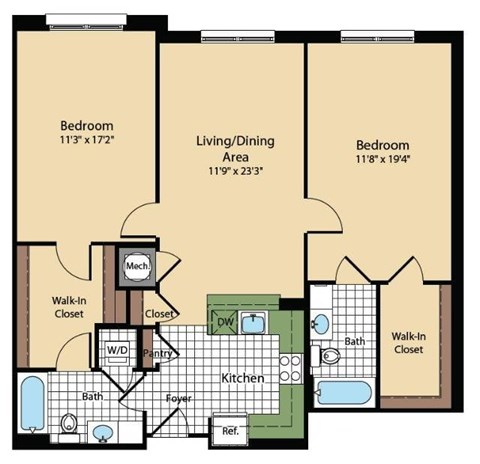 Floor plan for 2 beds, 2 baths, 1177 sqft