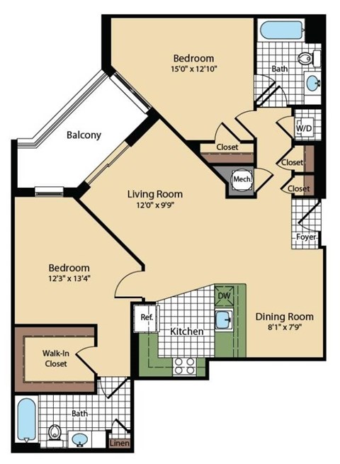 Floor plan for 2 beds, 2 baths, 1127 sqft