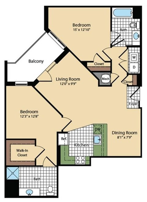 Floor plan for 2 beds, 2 baths, 1127 sqft