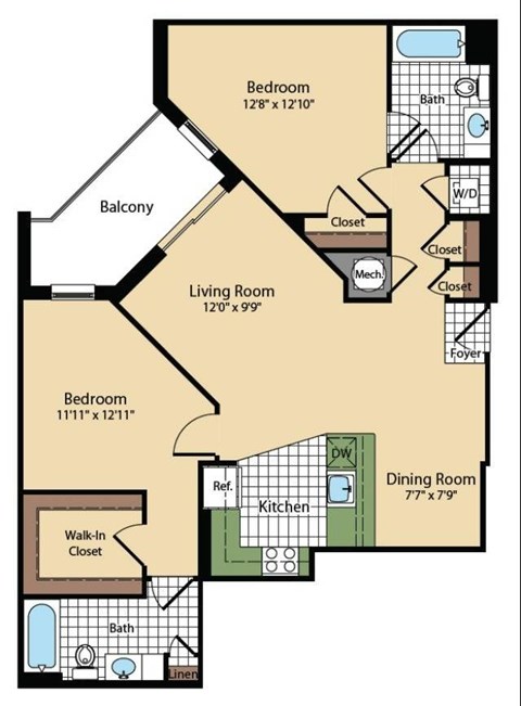 Floor plan for 2 beds, 2 baths, 1119 sqft