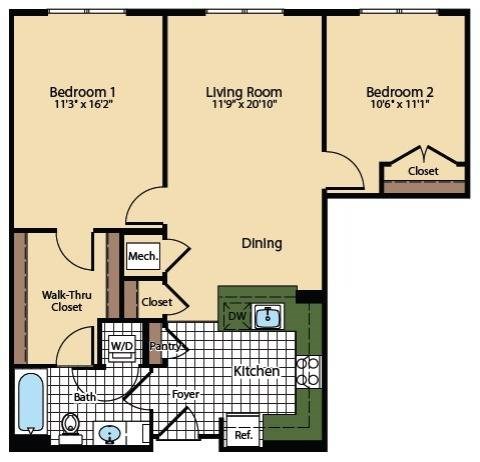 Floor plan for 2 beds, 1 bath, 966 sqft