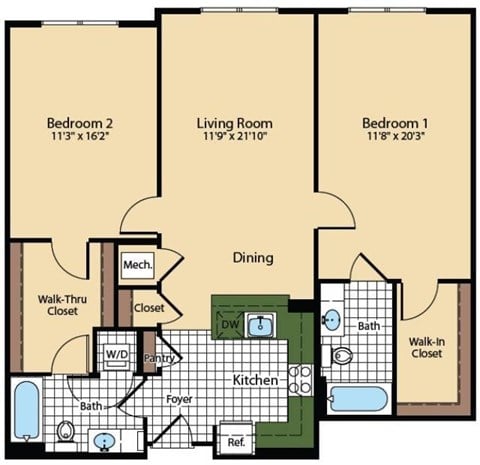 Floor plan for 2 beds, 2 baths, 1204 sqft