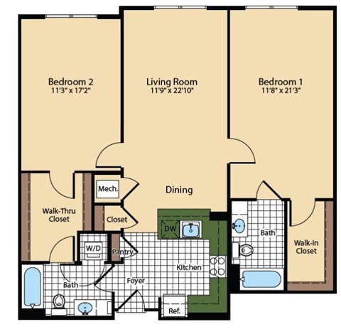 Floor plan for 2 beds, 2 baths, 1237 sqft